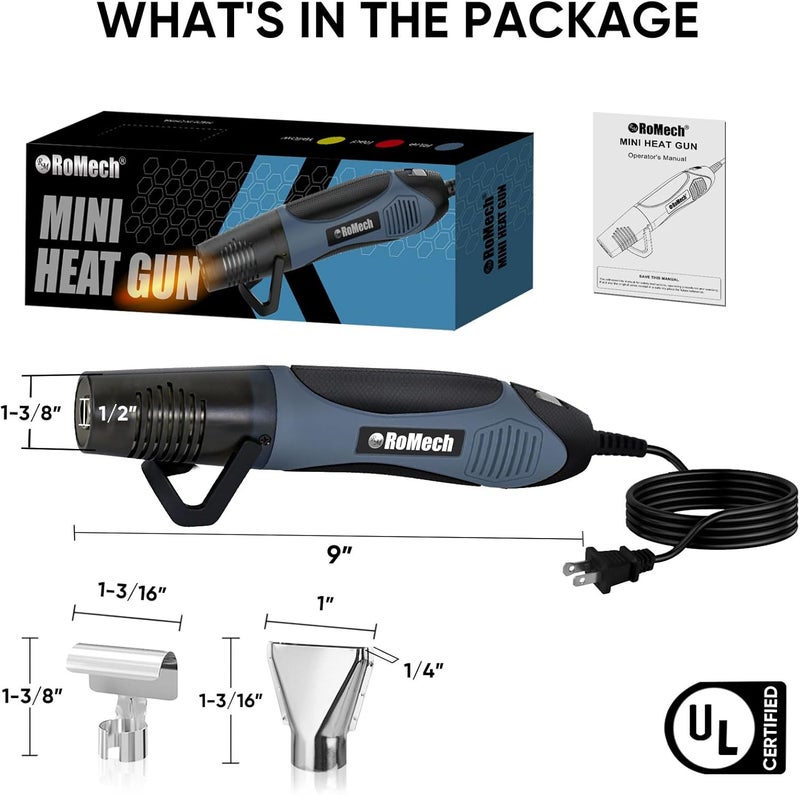 ROMECH 350W Heat Gun with 2 Nozzles, Dual Temp Heat Gun 400°F-660°F, Fast Heat Hot Air Gun with Overload Protection for DIY Craft Embossing Shrink Wrapping (Blue) - Image 4